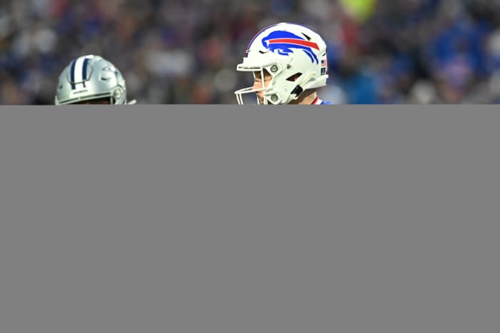Bills quarterback Josh Allen on the run during Sunday's game against the Cowboys.